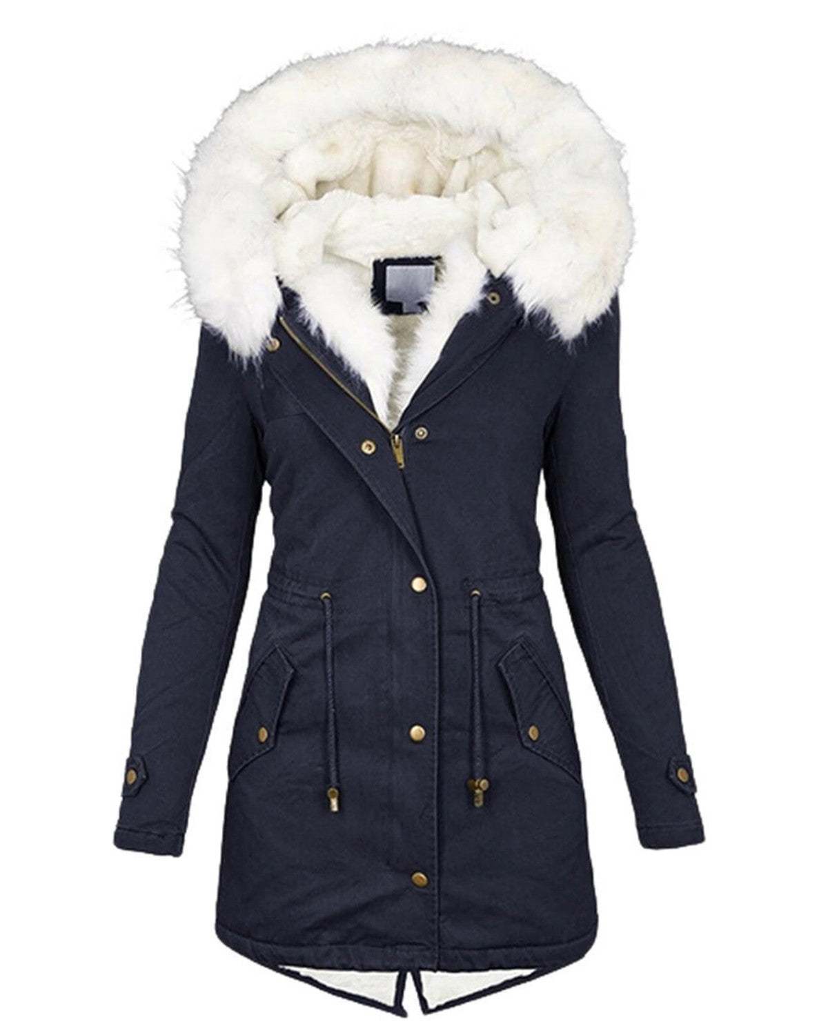 Lange waterdichte winterjas met witte bontkraag – Dames