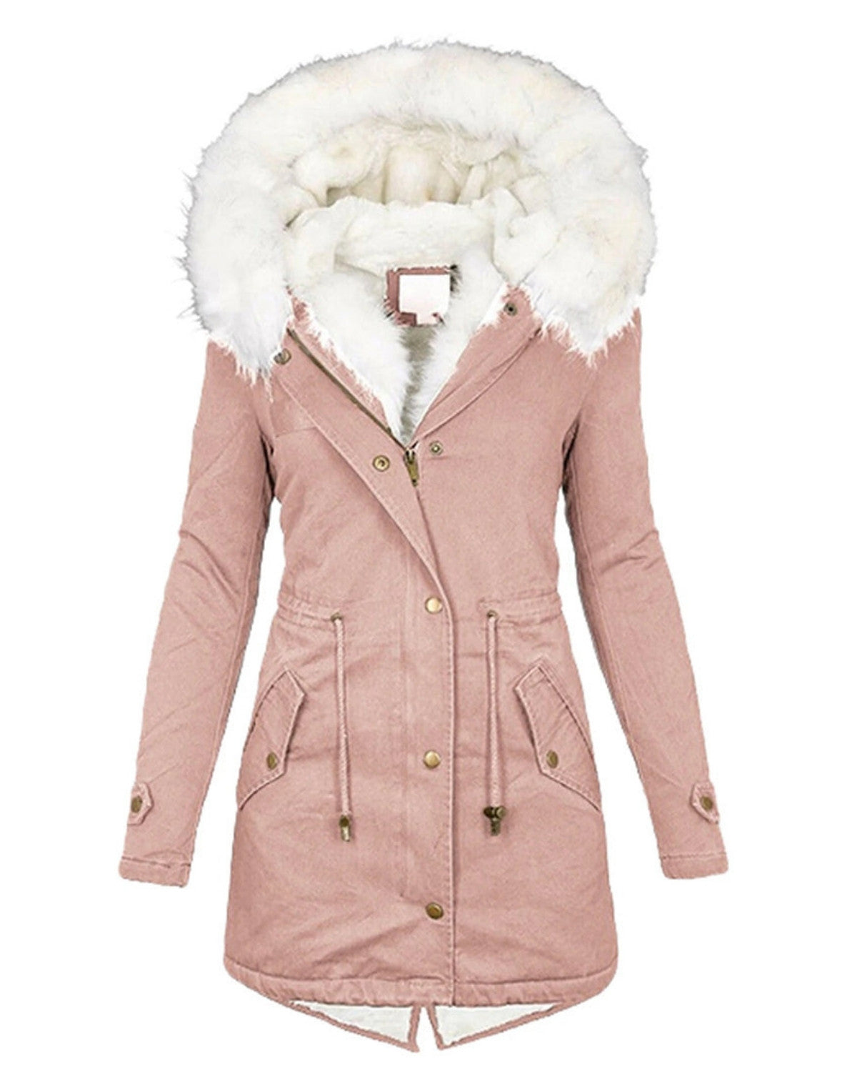 Lange waterdichte winterjas met witte bontkraag – Dames