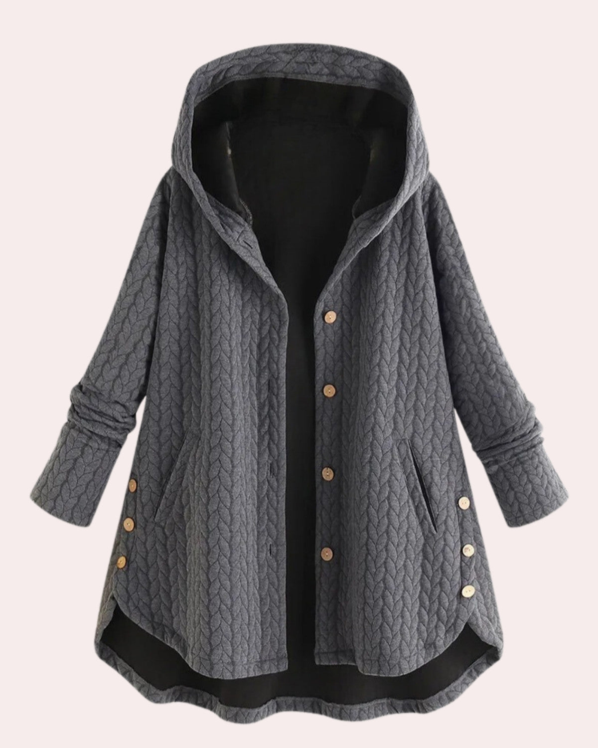 Lange winterjas met capuchon en knopen – Dames