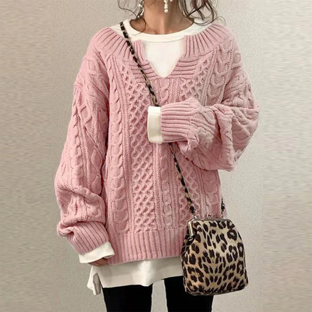 Oversized kabelgebreide trui met ronde hals en lange mouwen – Dames