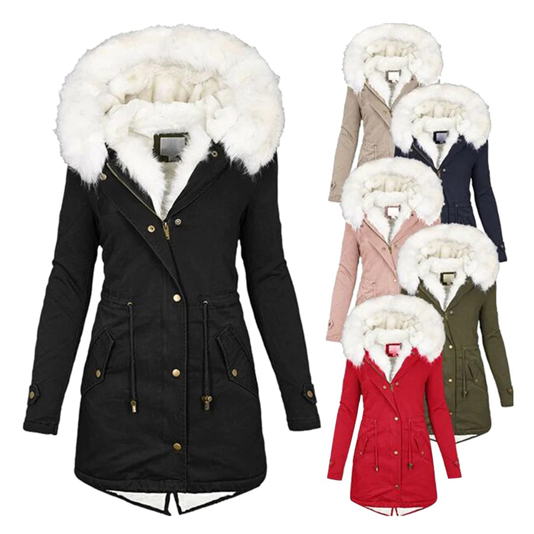 Lange winterjas met capuchon en bontkraag – Dames
