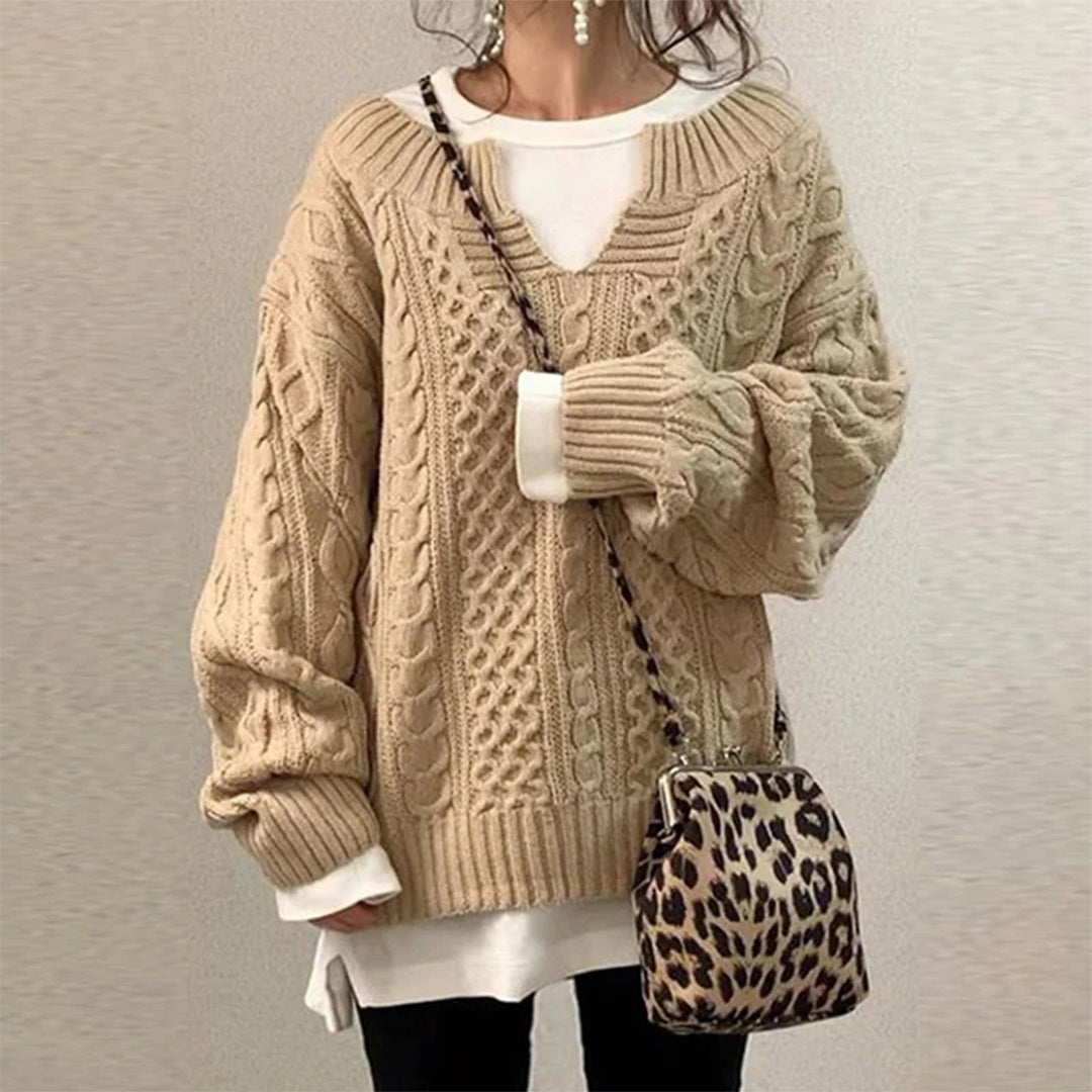 Oversized kabelgebreide trui met ronde hals en lange mouwen – Dames