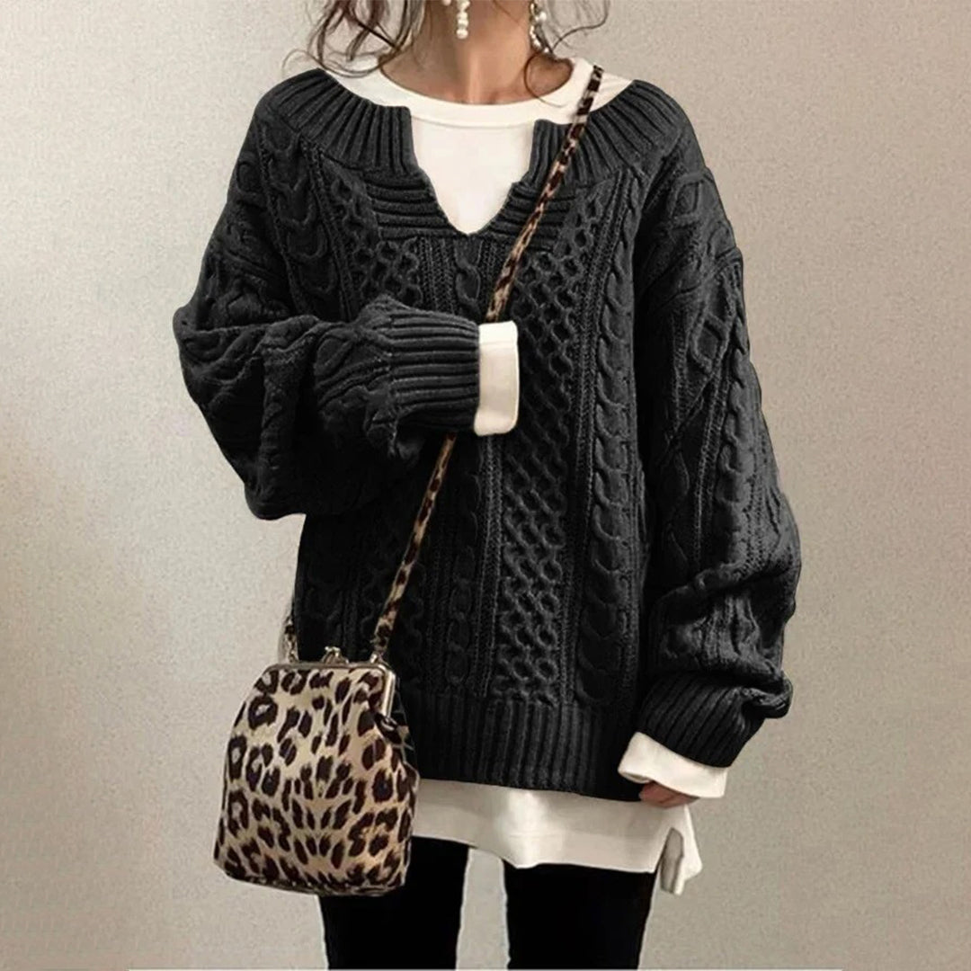 Oversized kabelgebreide trui met ronde hals en lange mouwen – Dames