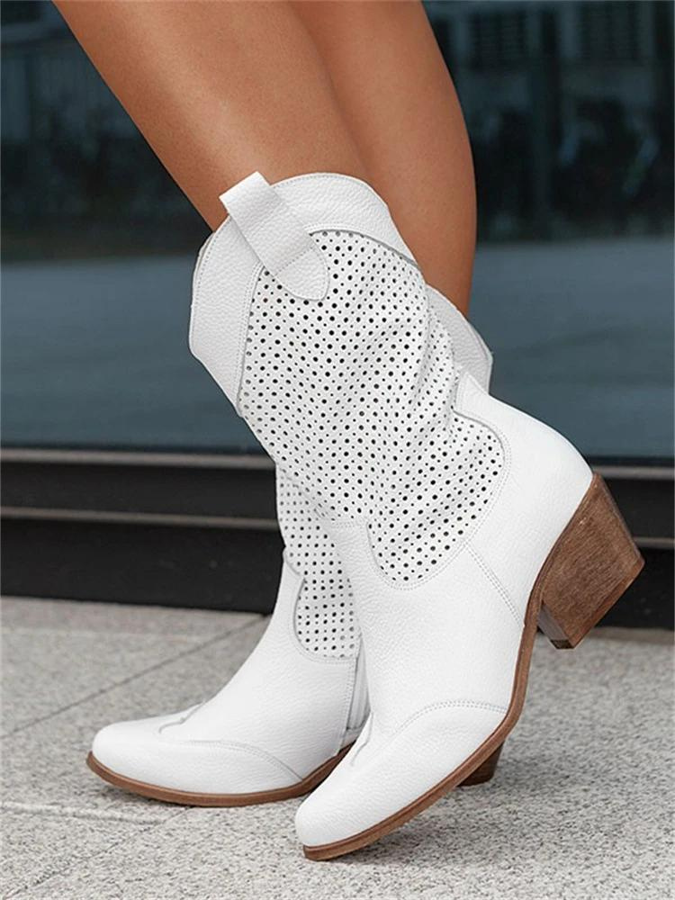 Stijlvolle witte cowboylaarzen met perforatiedetails – Dames