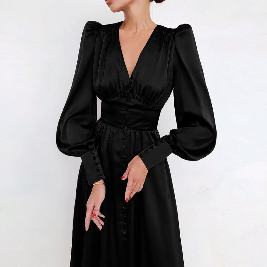 Elegante satijnen maxi jurk met wijde mouwen - Dames