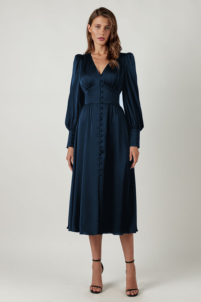Elegante satijnen maxi jurk met wijde mouwen - Dames