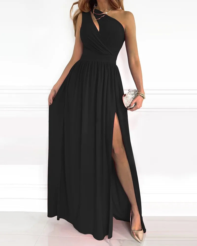 Verfijnde one-shoulder maxi jurk met korsetdetail en vloeiende rok – Dames