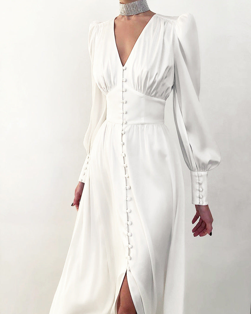 Elegante satijnen maxi jurk met wijde mouwen - Dames