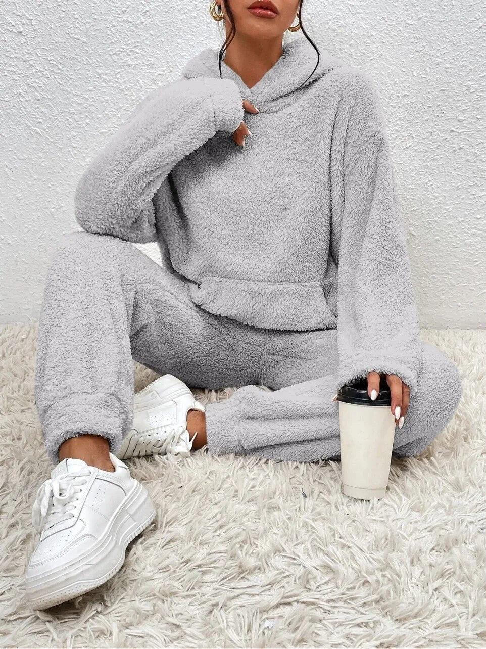 Zachte teddy winter set met warme hoodie – Dames