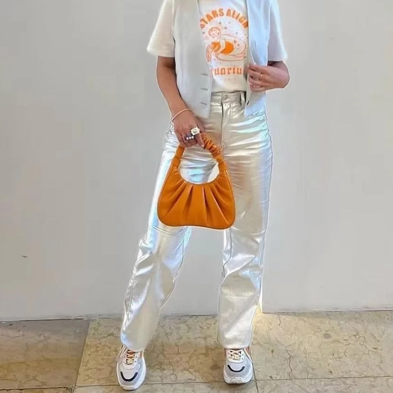 Stijlvolle metallic zilveren broek - Dames