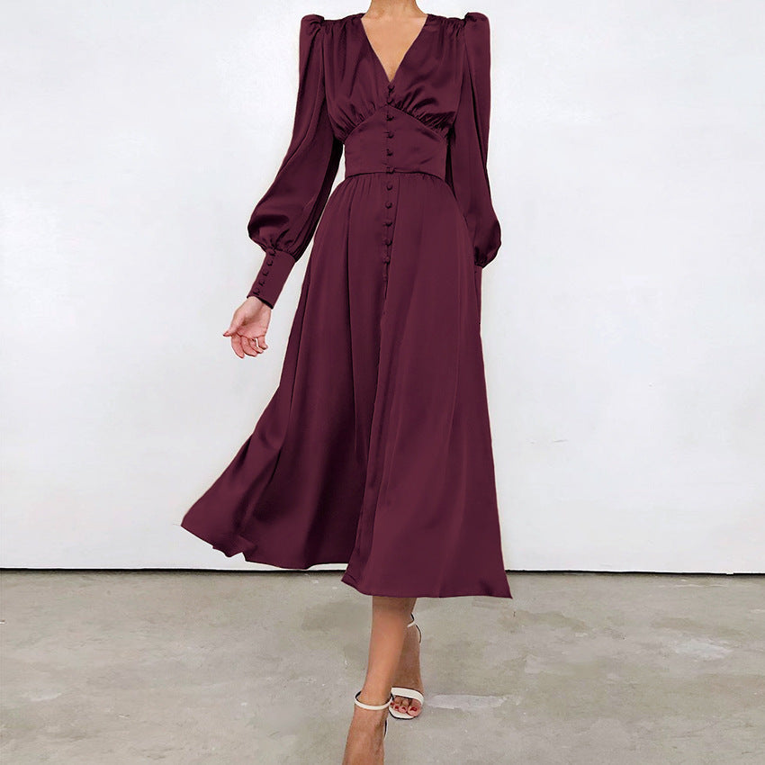 Elegante satijnen maxi jurk met wijde mouwen - Dames