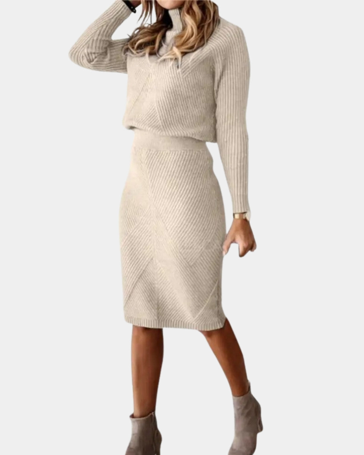 Stijlvolle warme midi winterjurk met elegante pasvorm – Dames