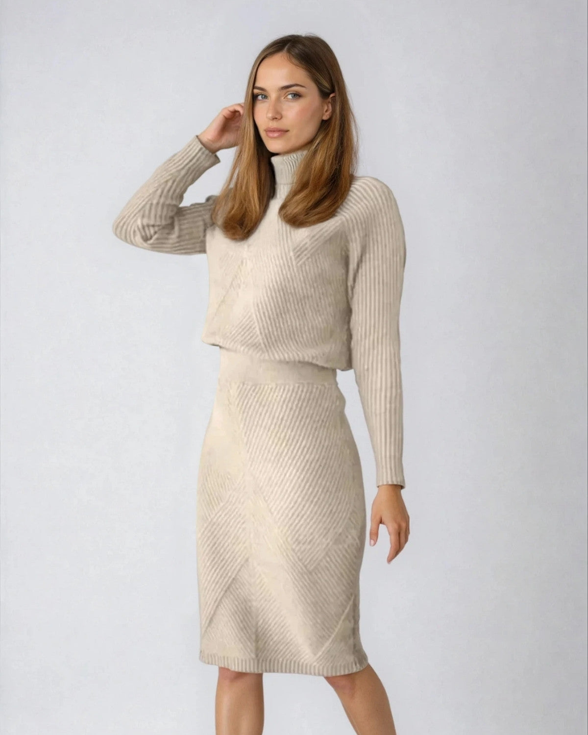 Stijlvolle warme midi winterjurk met elegante pasvorm – Dames