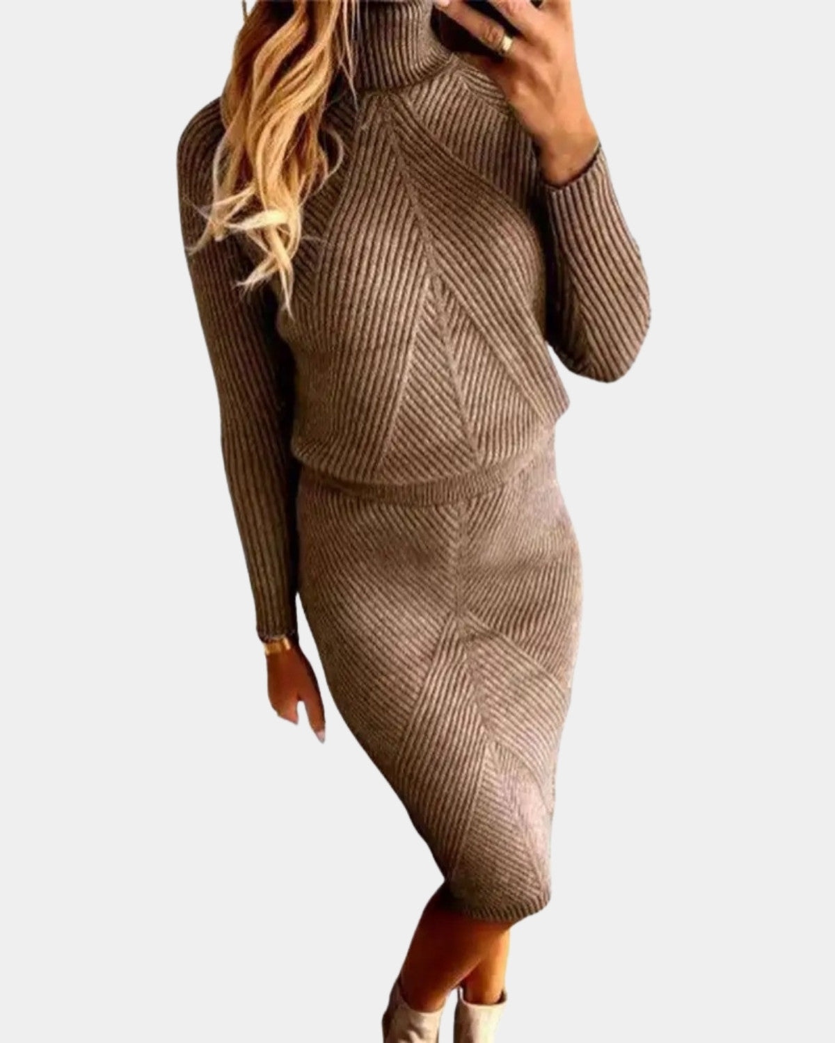 Stijlvolle warme midi winterjurk met elegante pasvorm – Dames