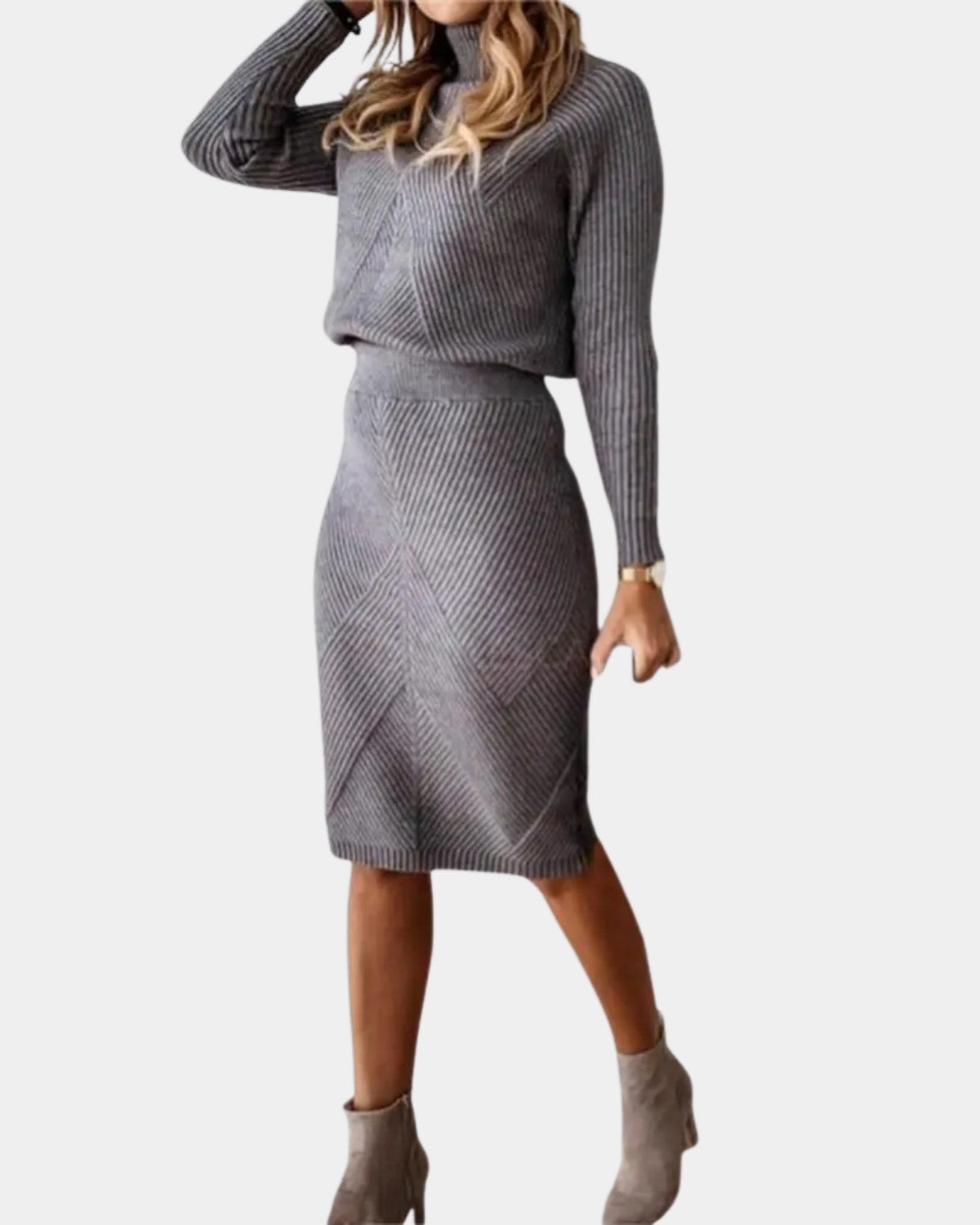 Stijlvolle warme midi winterjurk met elegante pasvorm – Dames