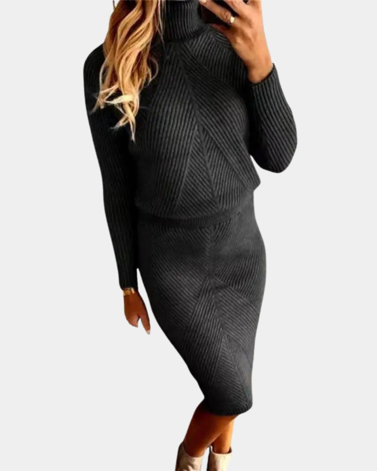 Stijlvolle warme midi winterjurk met elegante pasvorm – Dames