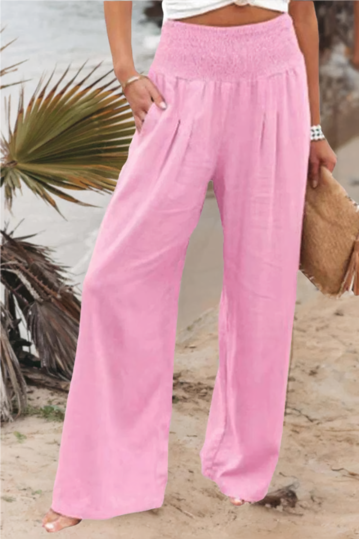 Katoen linnen palazzo broek met hoge taille – Dames