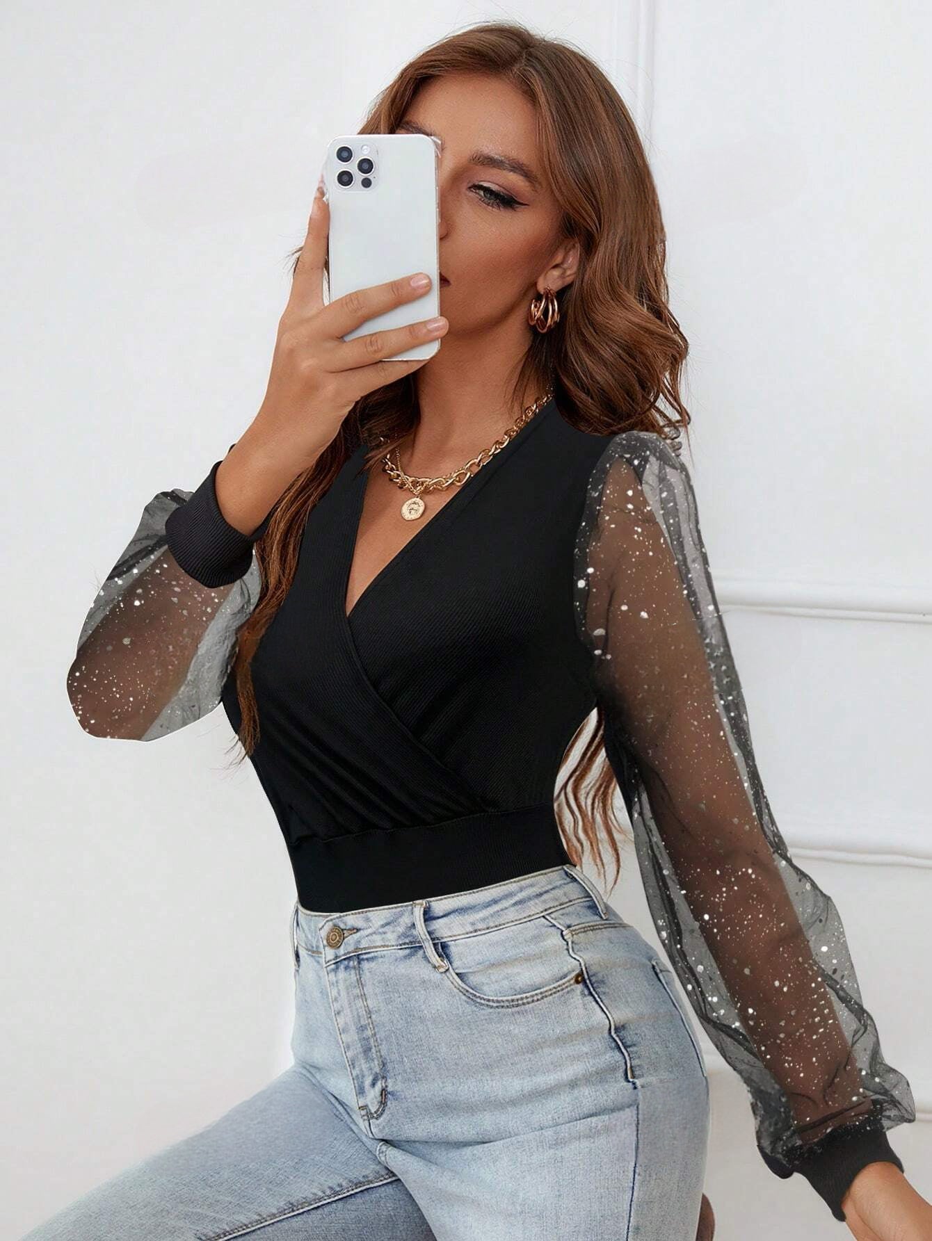 Comfortabele bodysuit met slankend mesh met stijlvolle mouwen - Dames
