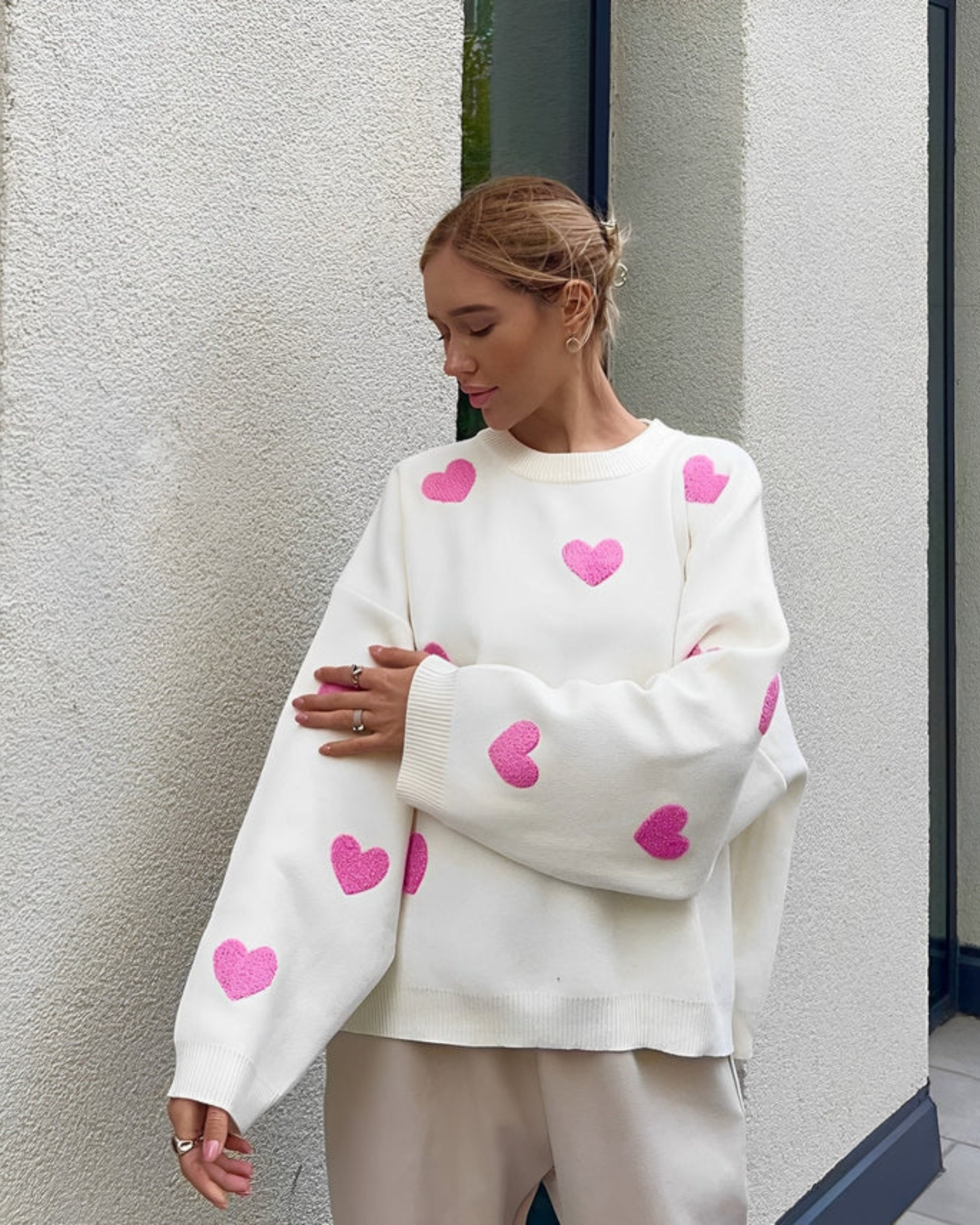 Zachte comfortabele oversized sweater van katoen met hartjes – Dames
