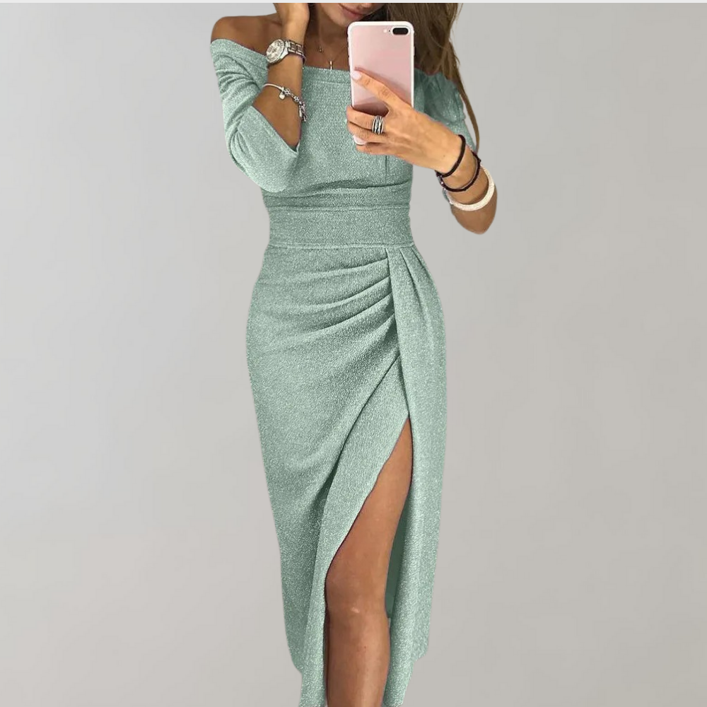 Lange glitterjurk met korte mouwen en elegante snit – Dames