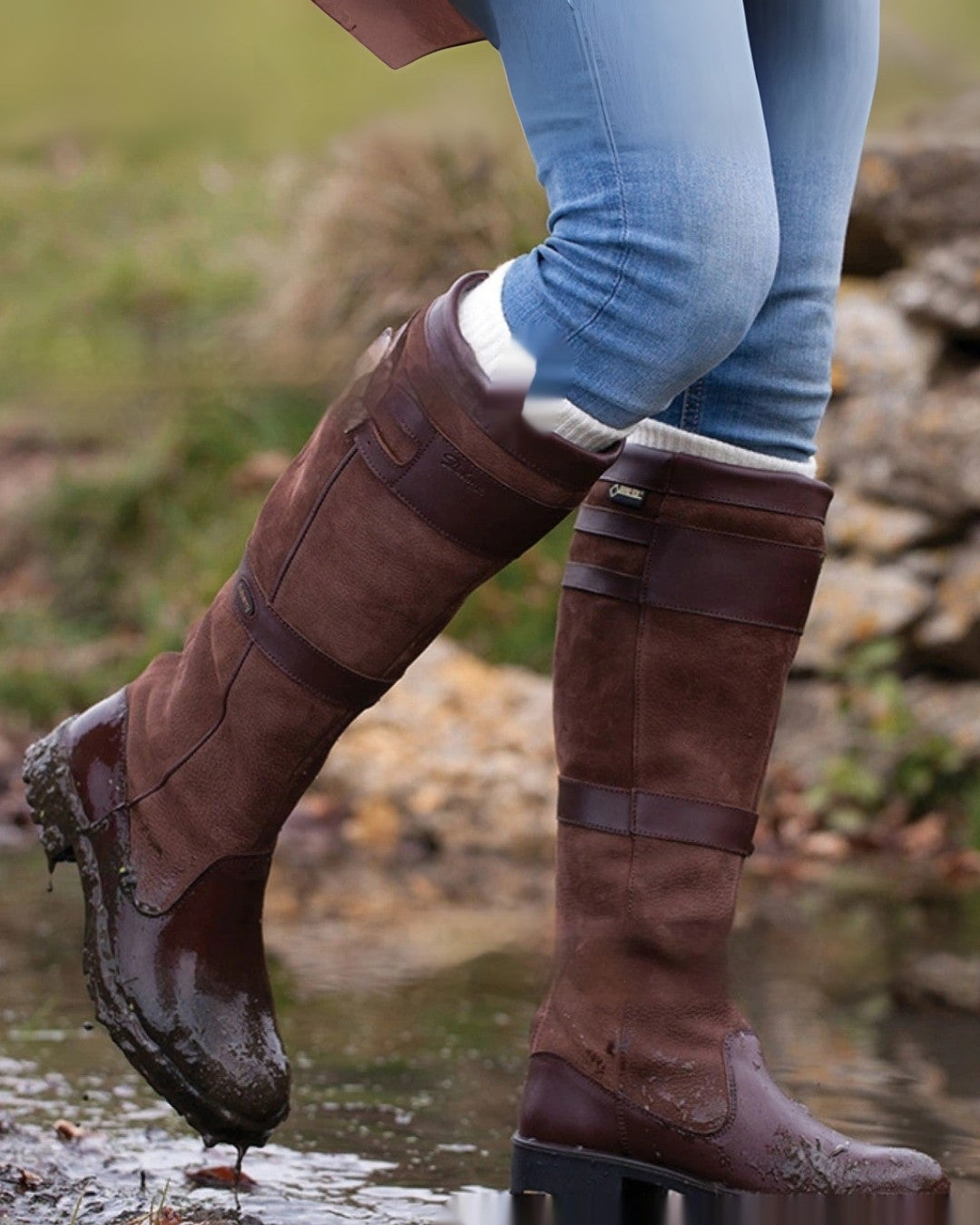 Waterdichte leren laarzen met hoge schacht en elegante gespen – Dames