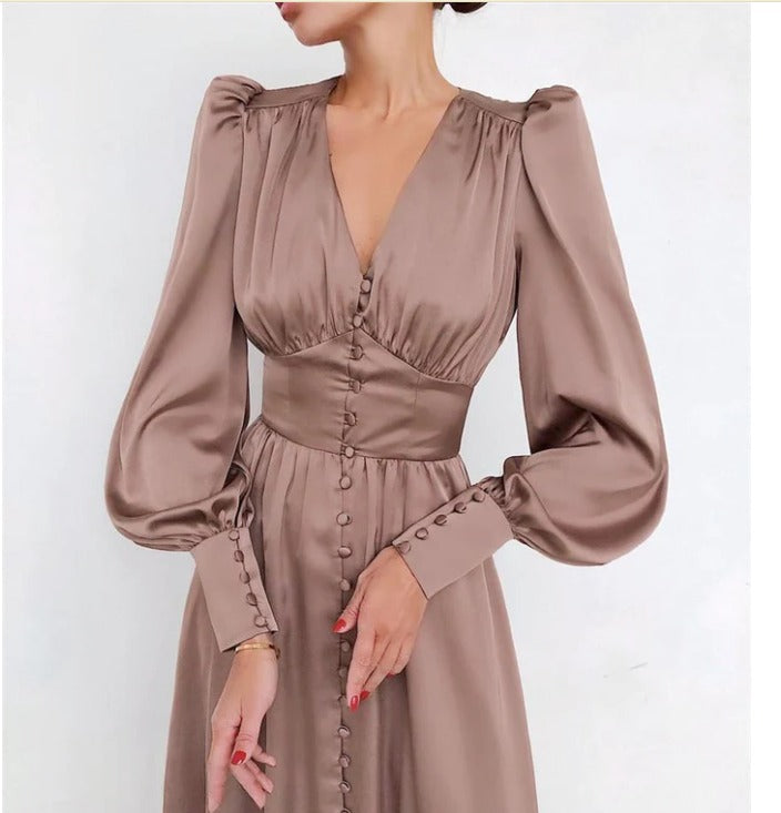 Elegante satijnen maxi jurk met wijde mouwen - Dames