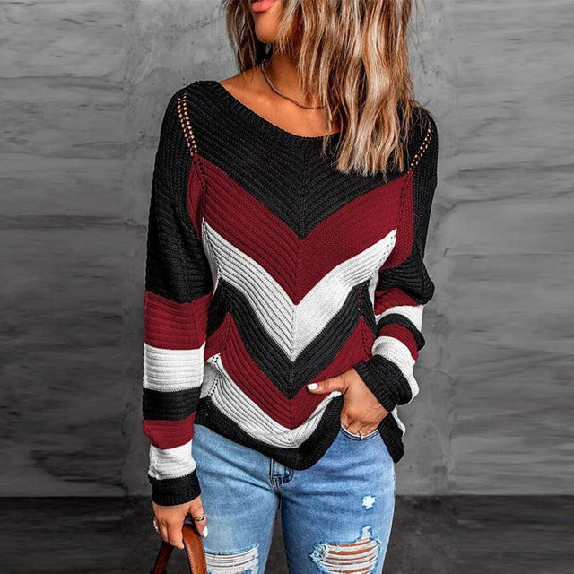 Casual gestreepte patchwork trui met ronde hals – Dames