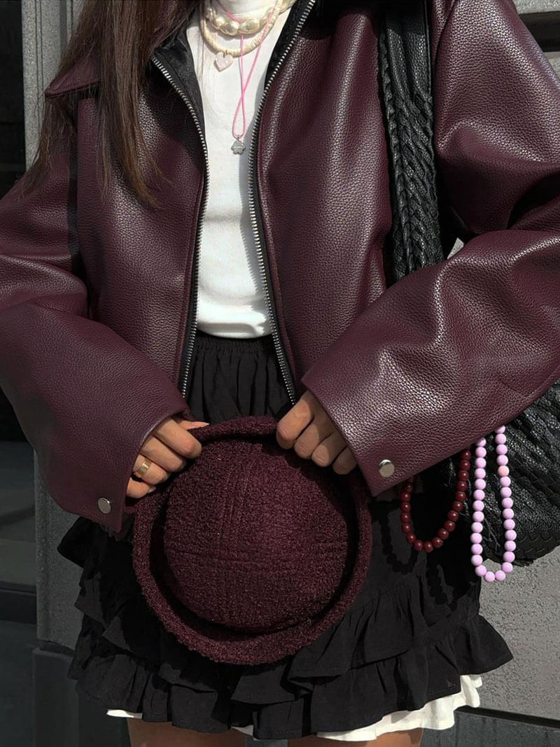 Bordeaux leren herfstjas met slanke pasvorm en ritssluiting – Dames