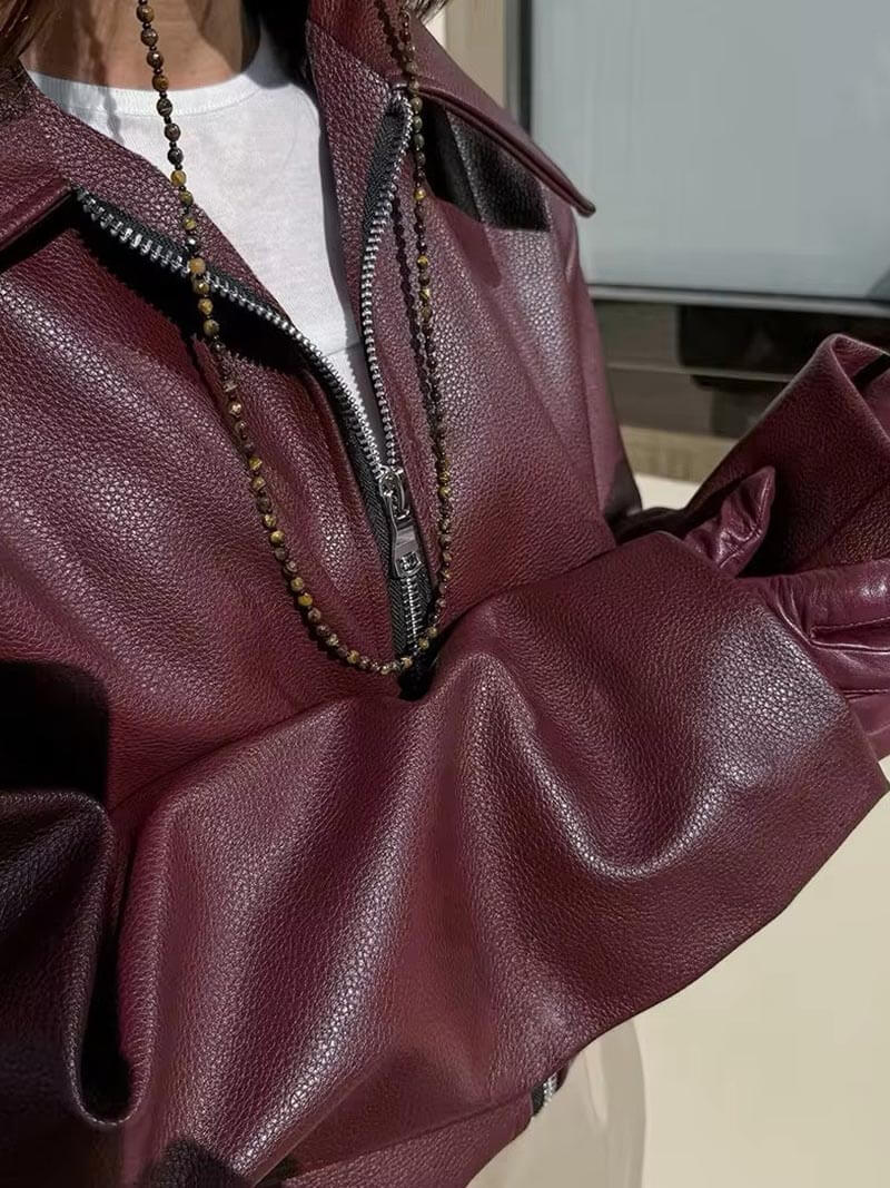 Bordeaux leren herfstjas met slanke pasvorm en ritssluiting – Dames