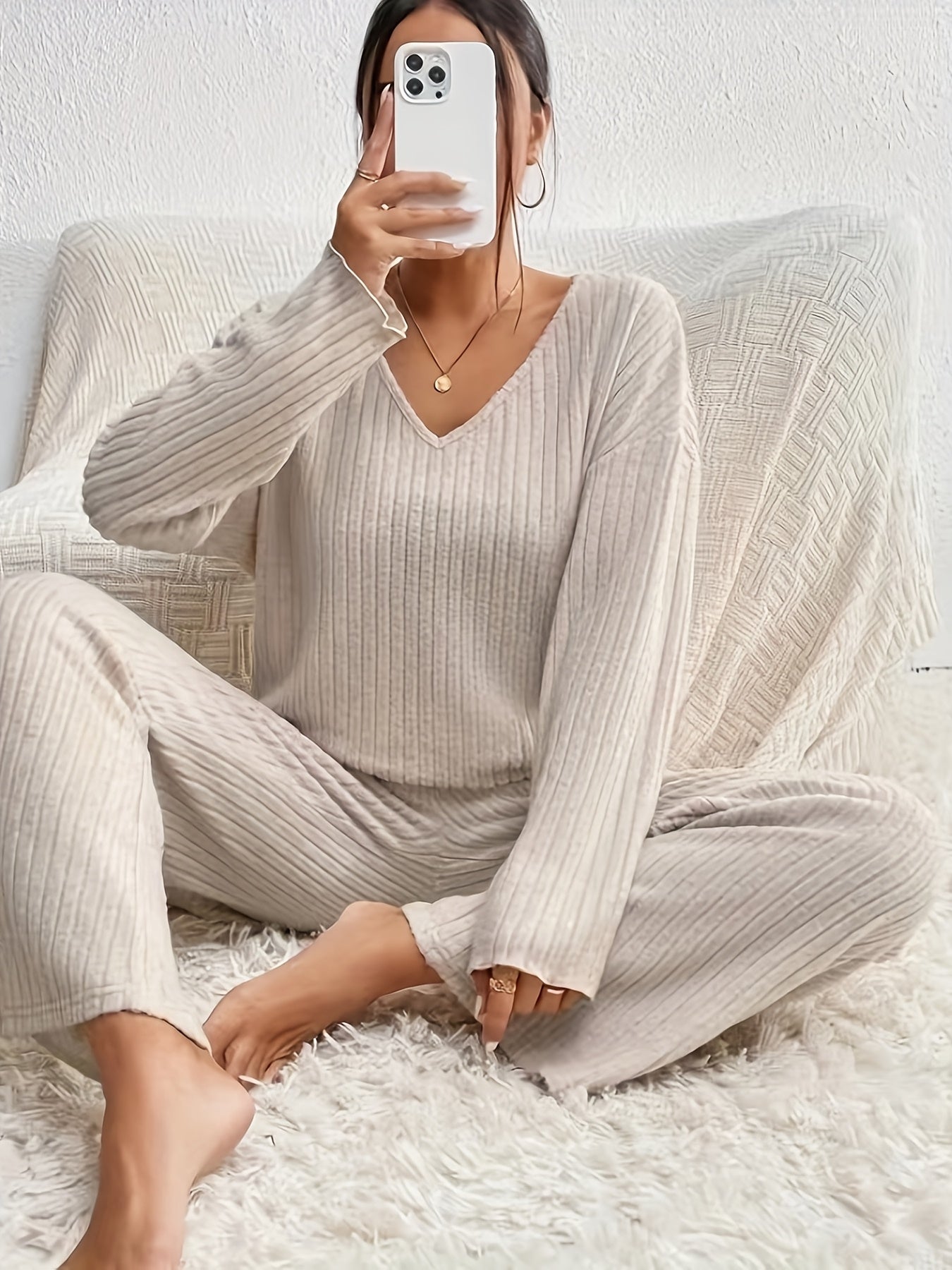 Comfortabele rib gebreide pyjama set met lange mouwen - Dames