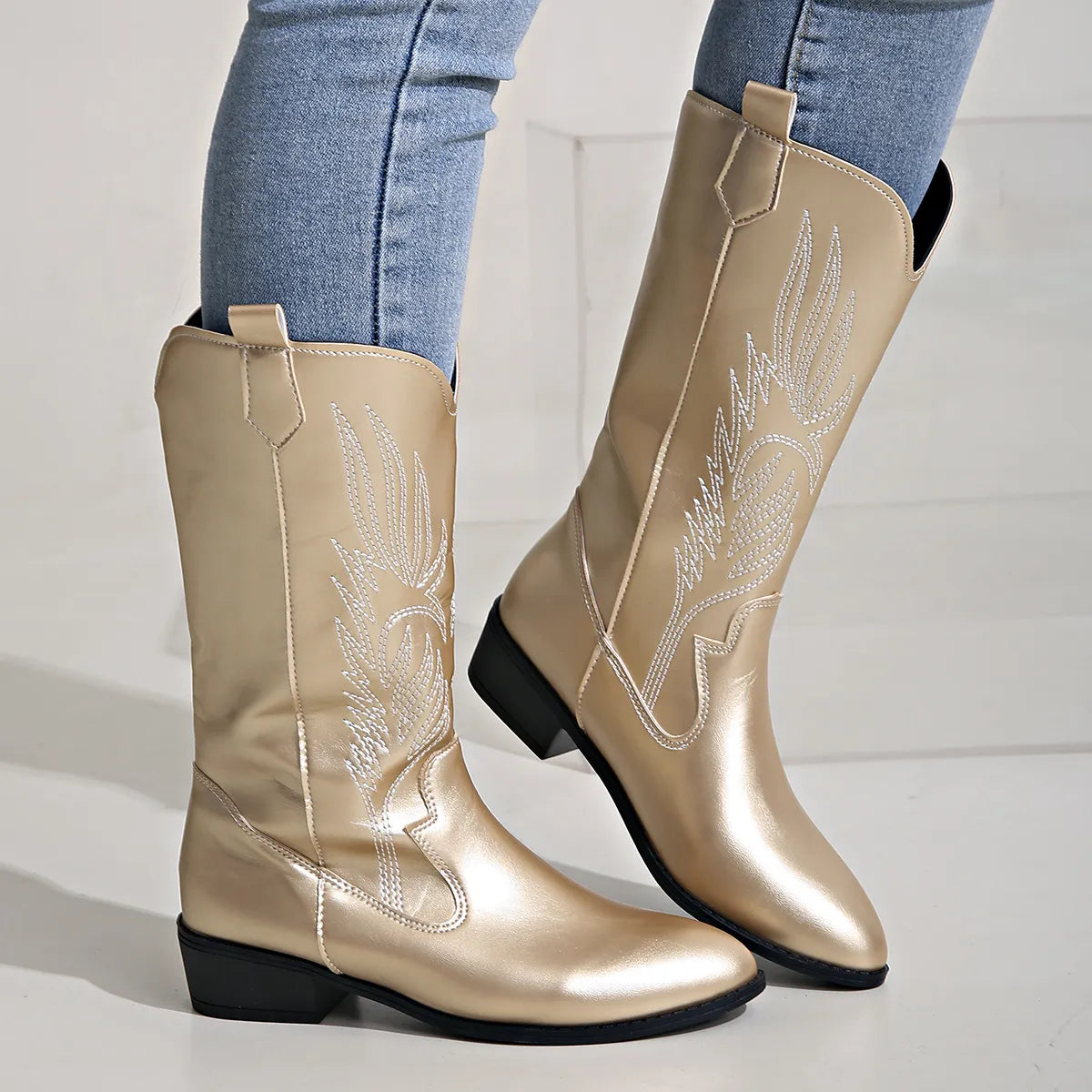 Stijlvolle cowboylaarzen winter met geborduurd western design – Dames