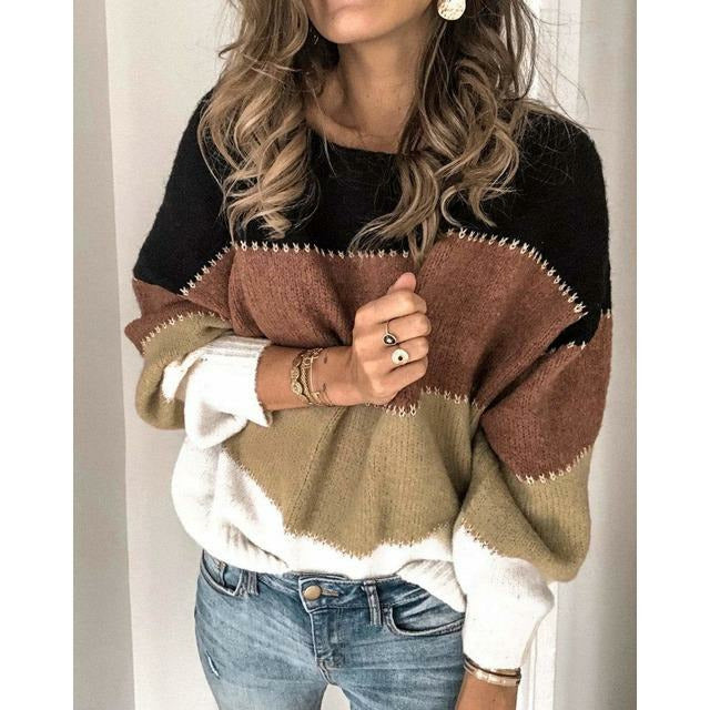 Casual gestreepte patchwork trui met ronde hals – Dames