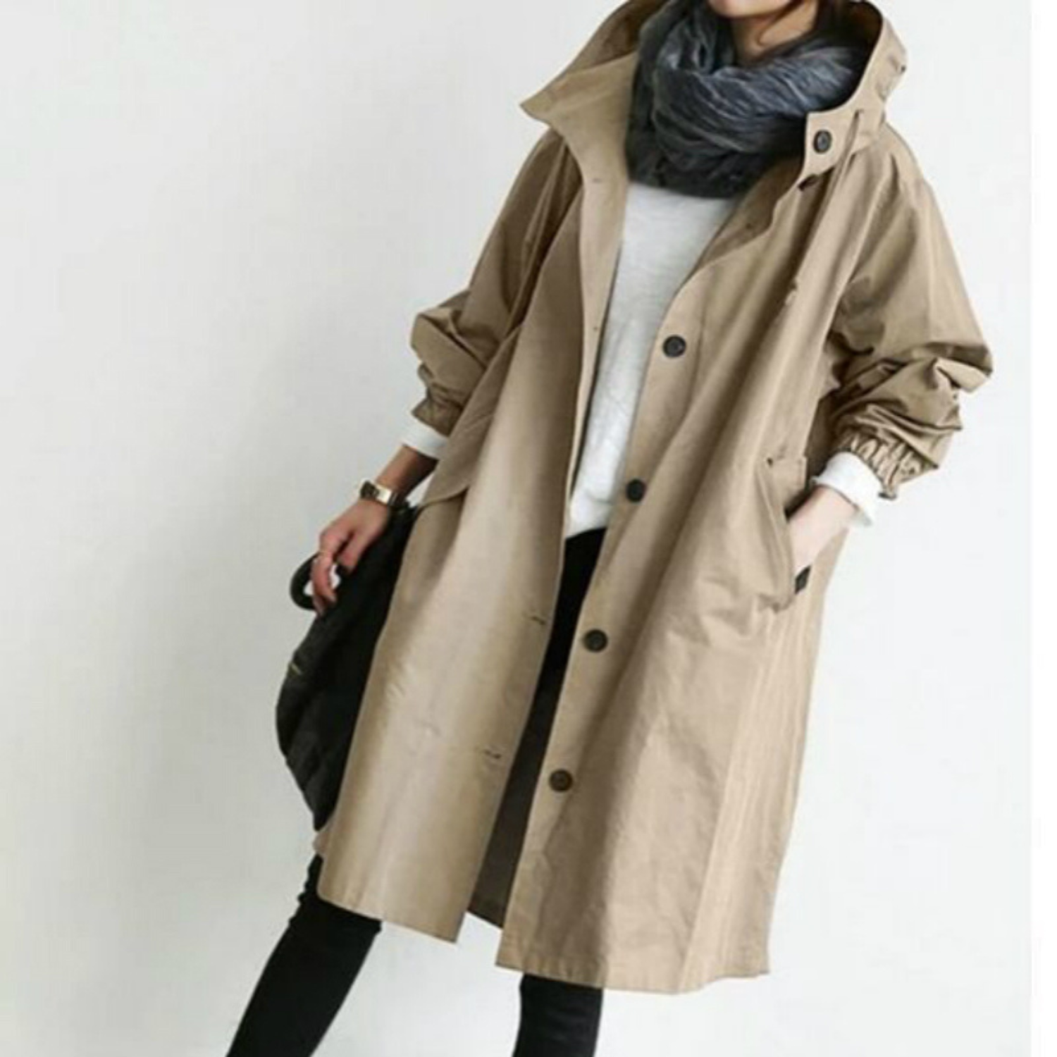 Elegante lange trenchcoat met capuchon voor winter – Dames