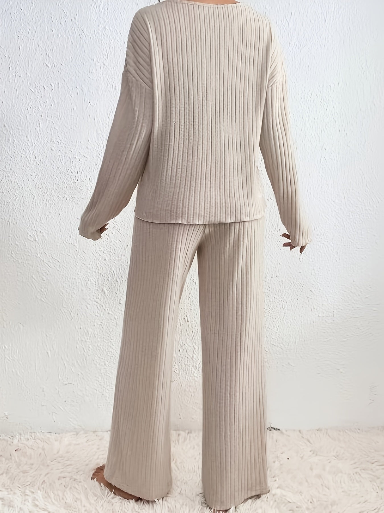 Comfortabele rib gebreide pyjama set met lange mouwen - Dames