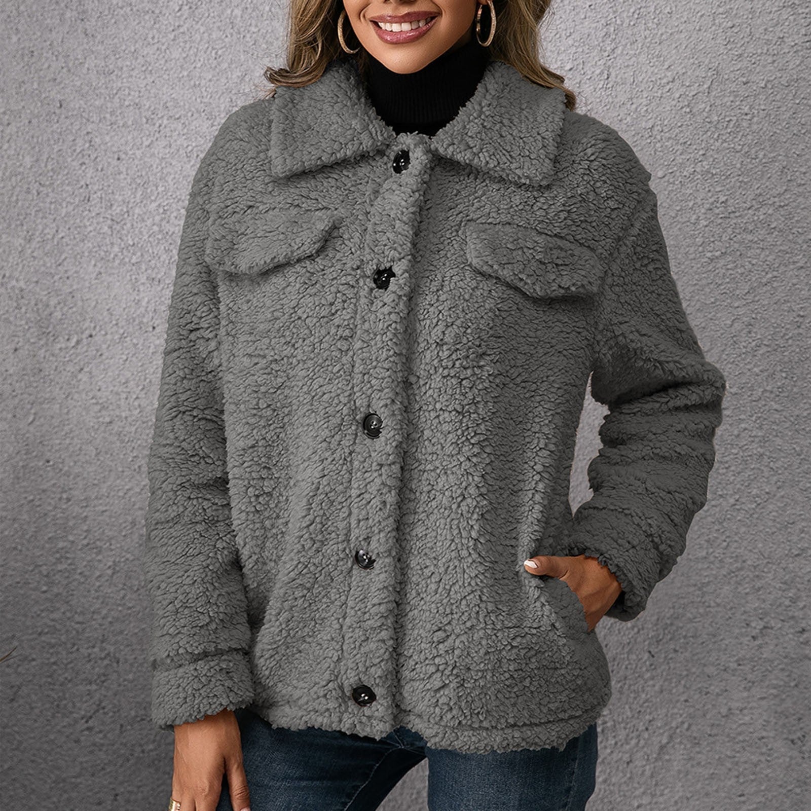 Stijlvolle dubbelzijdige teddy fleece jas met opstaande kraag – Dames