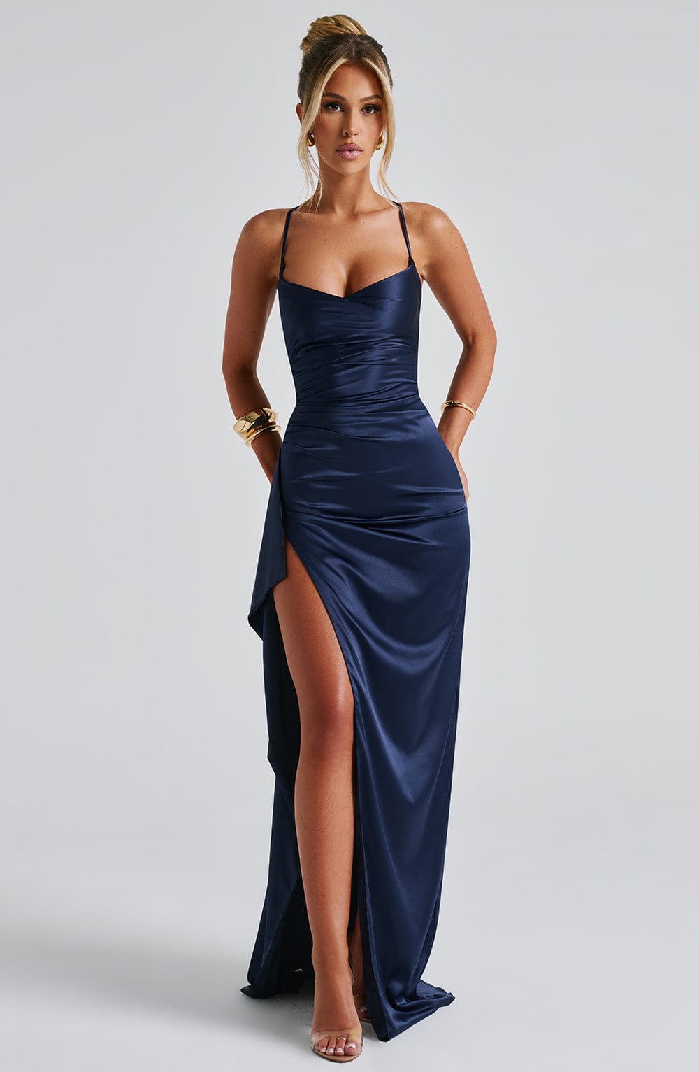 Navy maxi jurk met satijnen glans – Dames