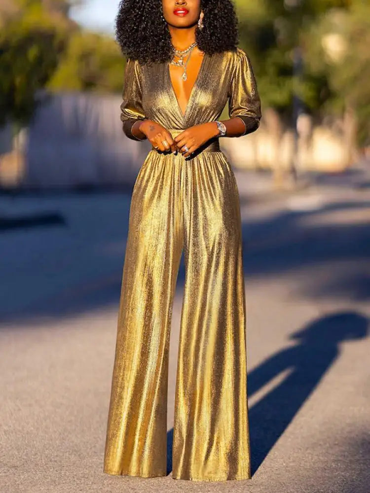 Glanzende jumpsuit met v-hals en wijde pijpen van stretchstof – Dames