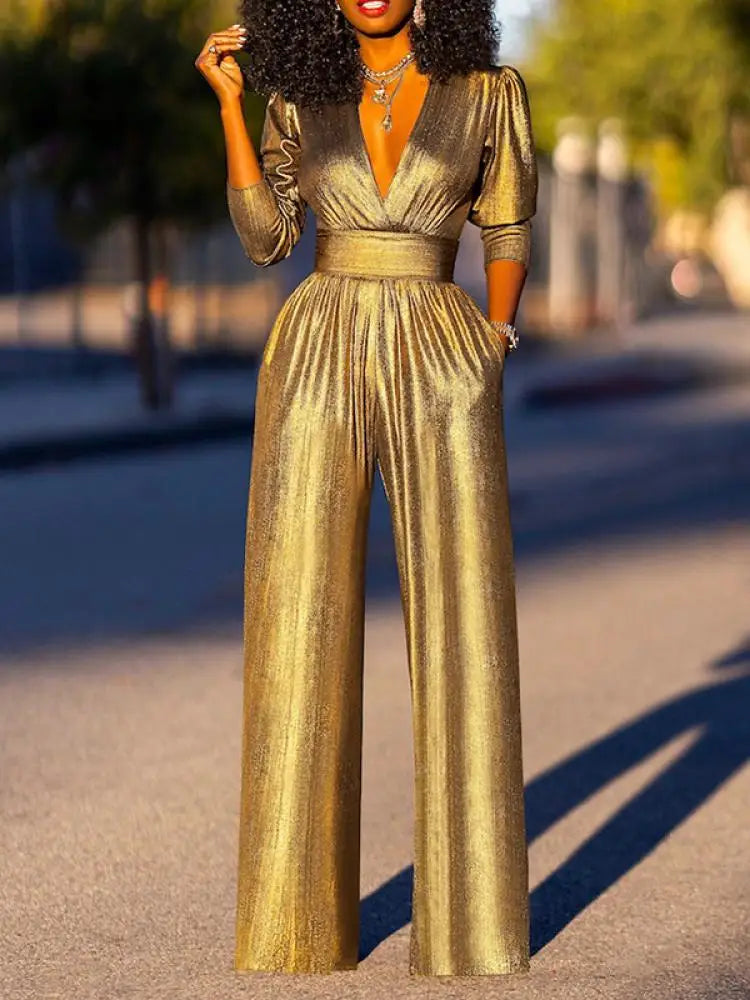 Glanzende jumpsuit met v-hals en wijde pijpen van stretchstof – Dames