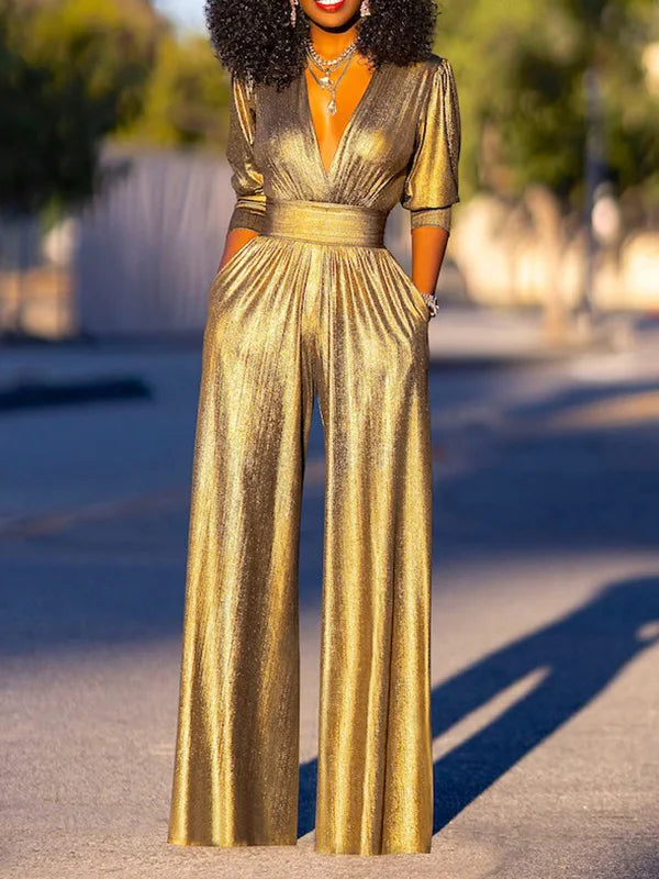 Glanzende jumpsuit met v-hals en wijde pijpen van stretchstof – Dames