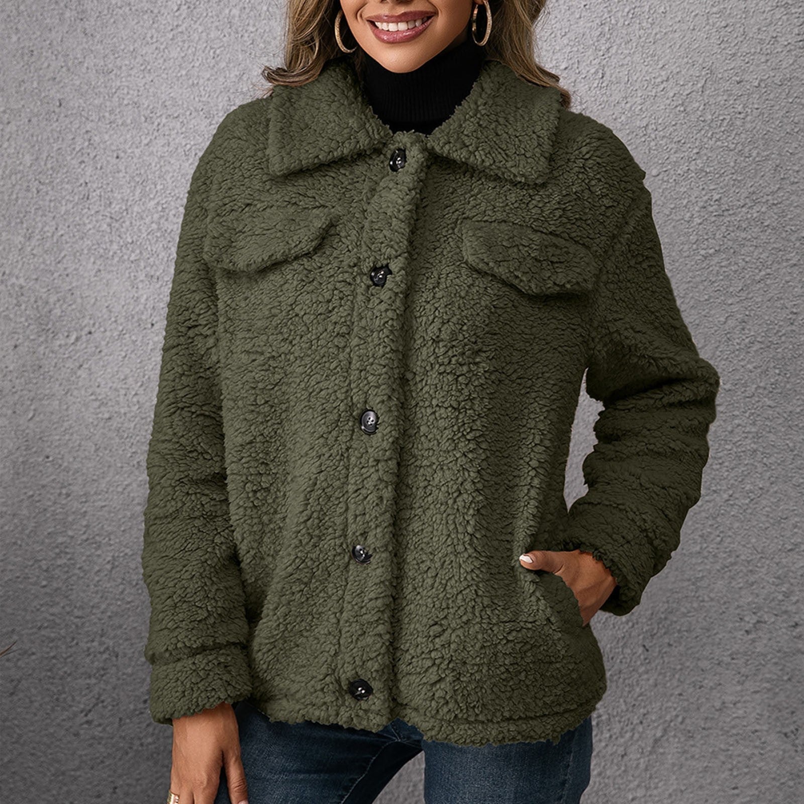 Stijlvolle dubbelzijdige teddy fleece jas met opstaande kraag – Dames