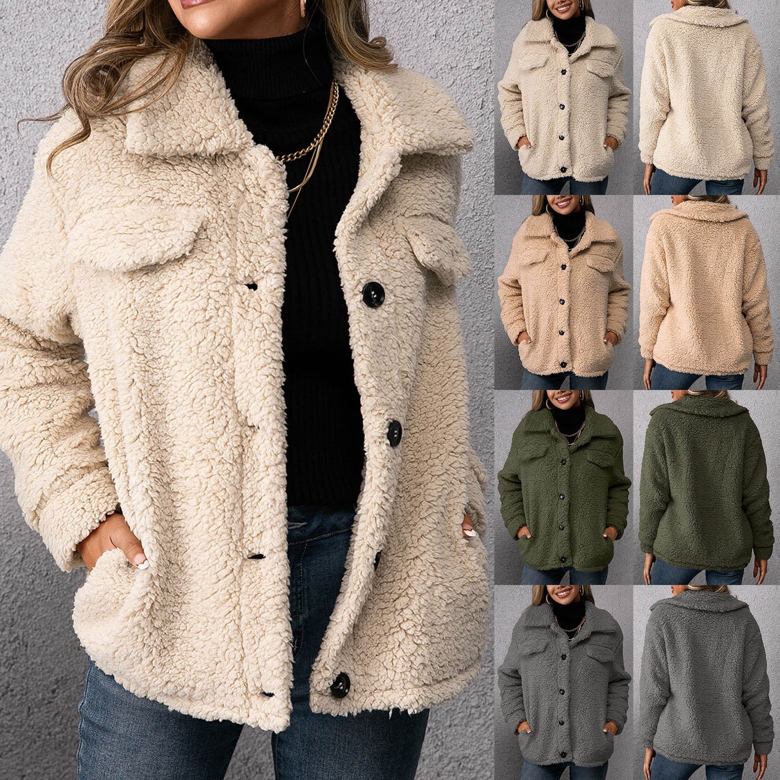 Stijlvolle dubbelzijdige teddy fleece jas met opstaande kraag – Dames