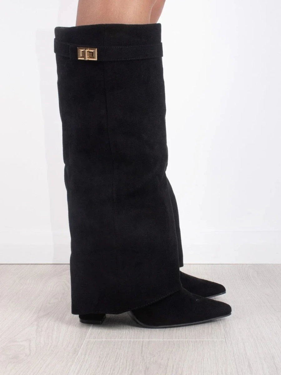 Elegante suède laarzen met hoge schacht en gouden detail – Dames