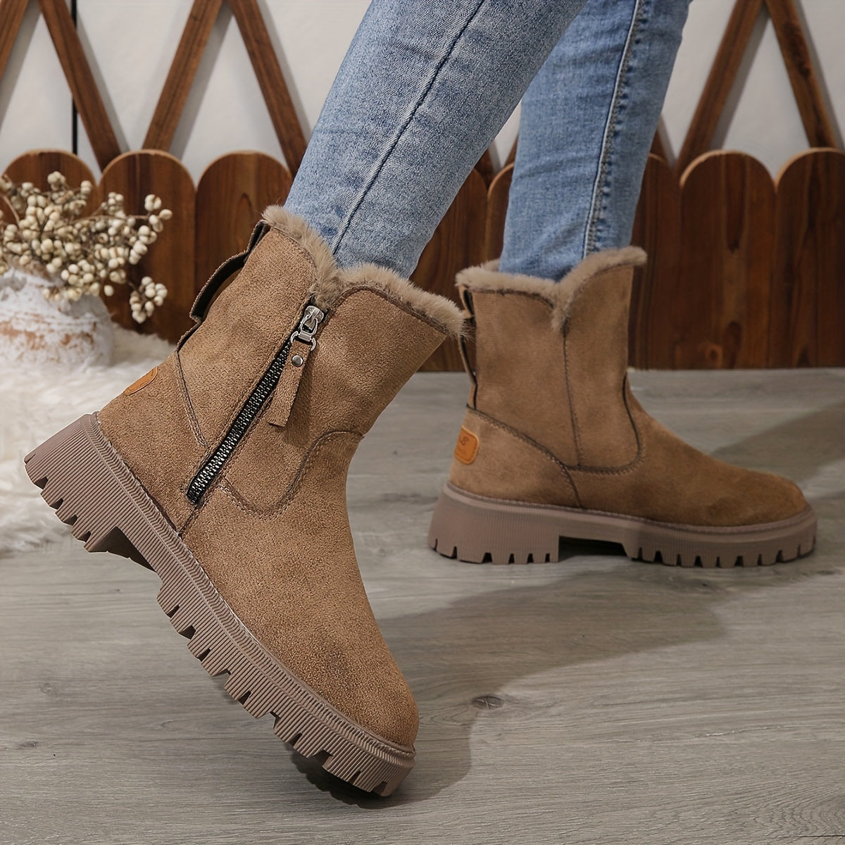 Warme pluche snowboots met ritssluiting en robuuste zool – Dames