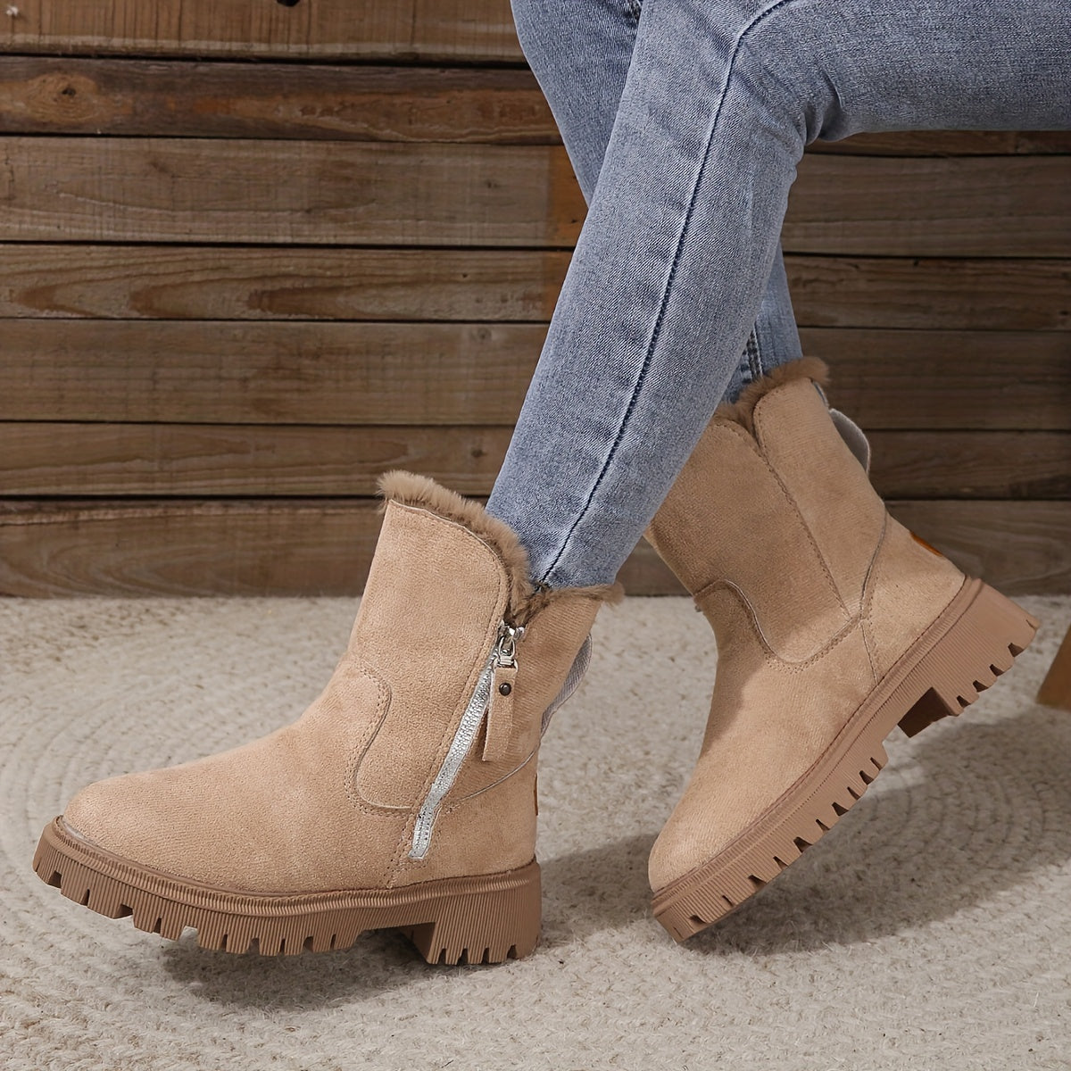 Warme pluche snowboots met ritssluiting en robuuste zool – Dames