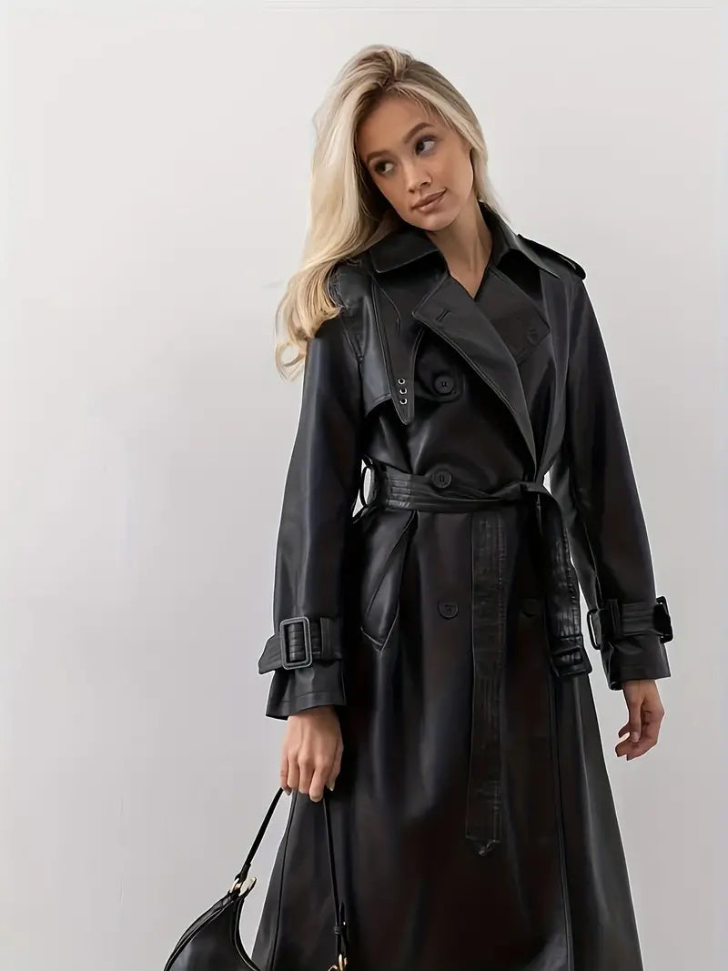 Elegante lange leren trenchcoat met tailleriem – Dames
