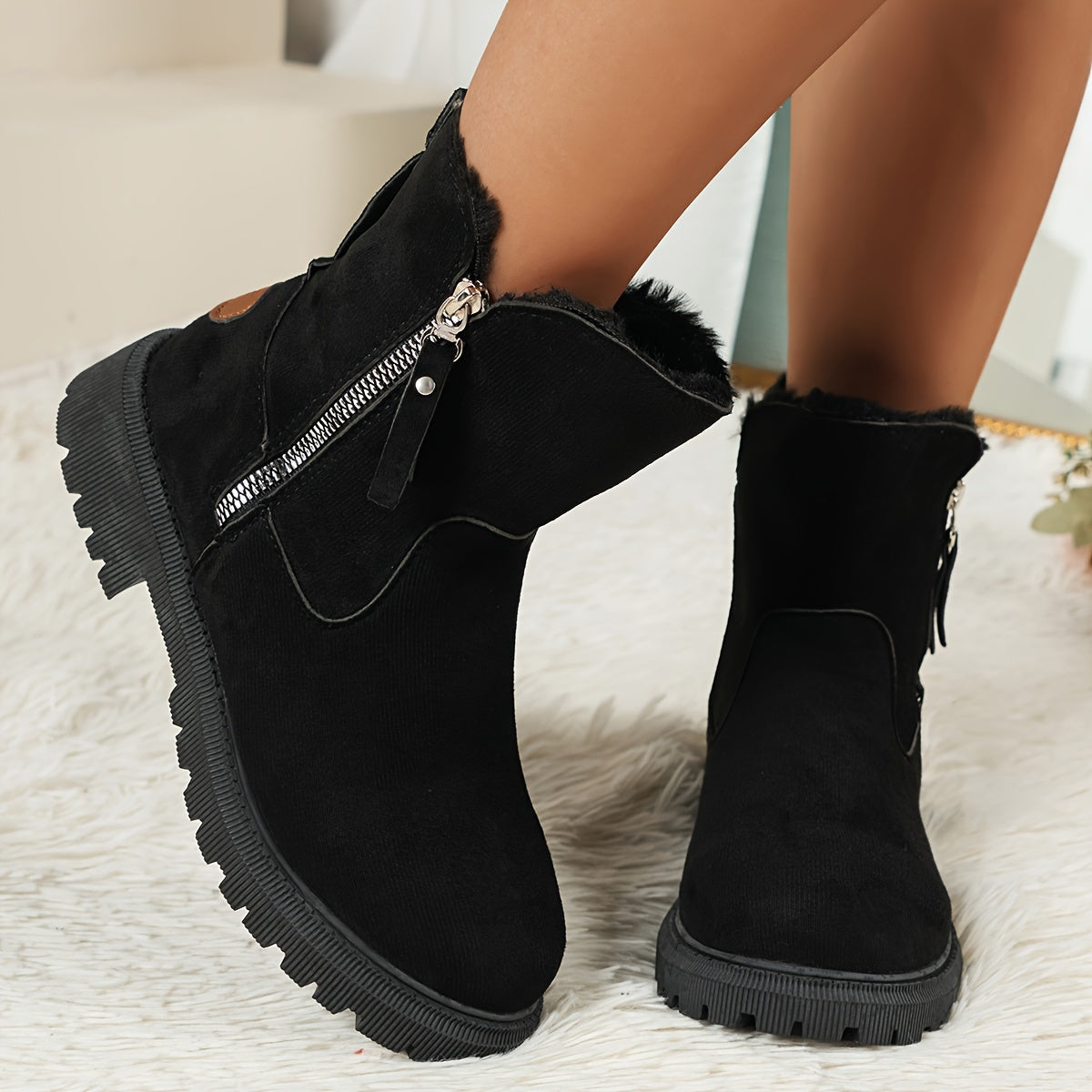 Comfortabele pluche-gevoerde enkellaarsjes met platformzool – Dames