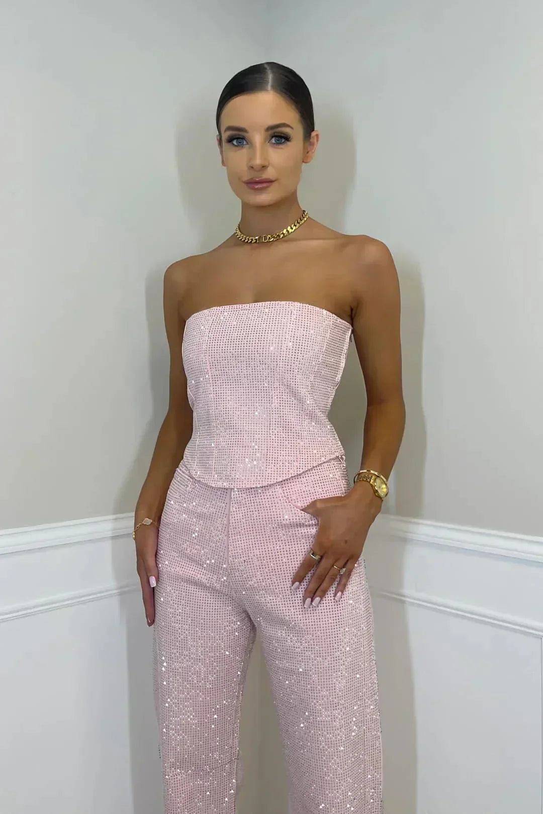 Elegante strapless jumpsuit met glitterdetails en aansluitende pasvorm – Dames