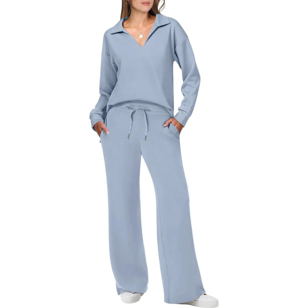 Tweedelig lounge set met V-hals top en losse broek – Dames