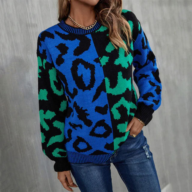 Casual patchwork trui met luipaardprint en ronde hals – Dames