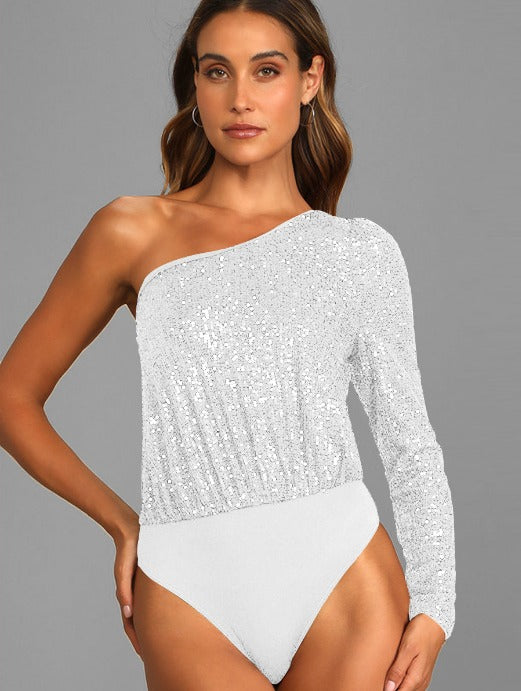 Stijlvolle one-shoulder top met pailletten en stretch – Dames